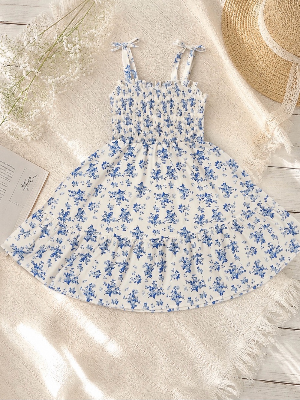 Smocked Floral Sundress for Girls - White & Blue